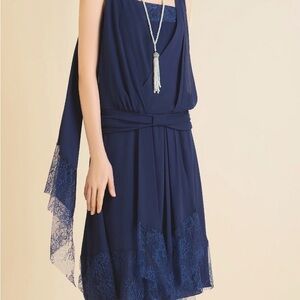 Sleeveless Navy Midi Dress with Lace Hem